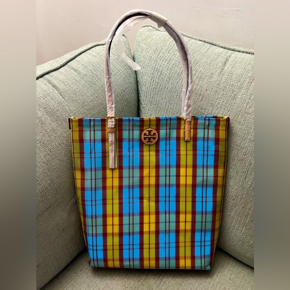 Tory Burch Emerson Mesh Blue and Yellow Market Tote - Picture 1 of 6